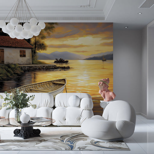 Lakeside Sunset Living Room Mural Wallpaper | Serene Warm Decoration