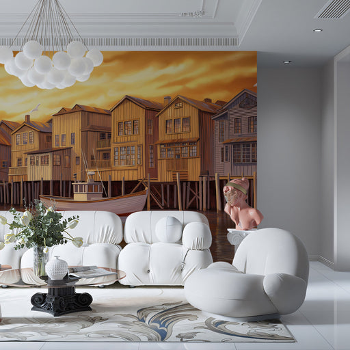 Wooden Dock Living Room Mural Wallpaper | Rustic Tranquil Decoration