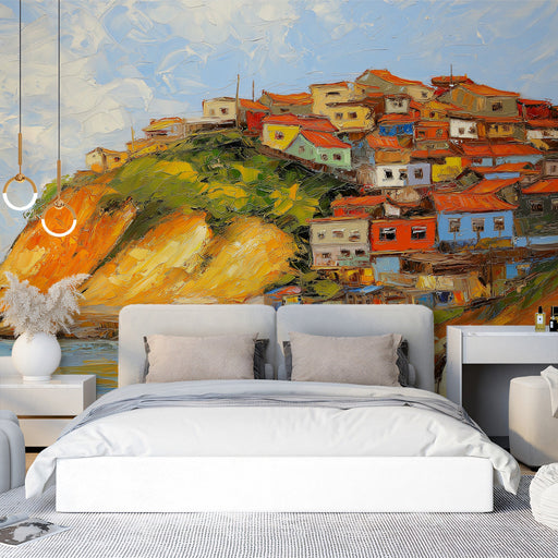Cliffside Village Bedroom Mural Wallpaper | Colorful Charming Decoration