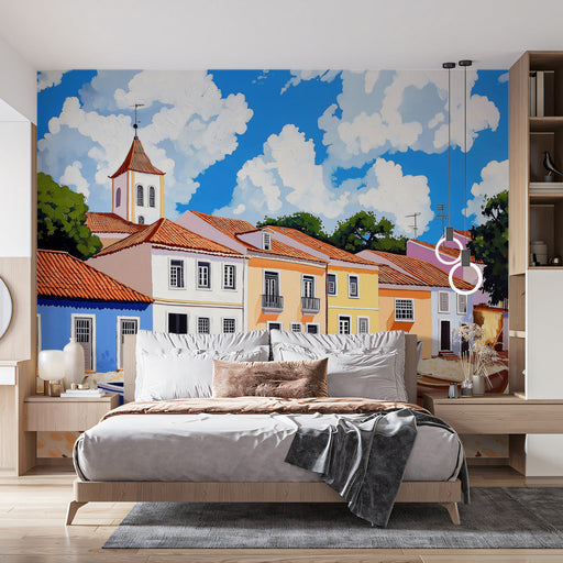 Sunny Village Bedroom Mural Wallpaper | Cheerful Peaceful Decoration