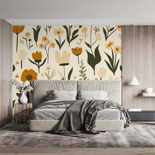 Earthy Floral Bedroom Mural Wallpaper | Warm Natural Decoration