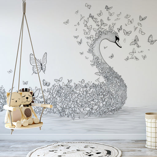 Butterfly Swan Nursery Mural Wallpaper | Whimsical Dreamy Decoration