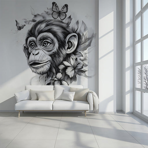 Monochrome Chimpanzee Mural Wallpaper | Bold Artistic Decoration
