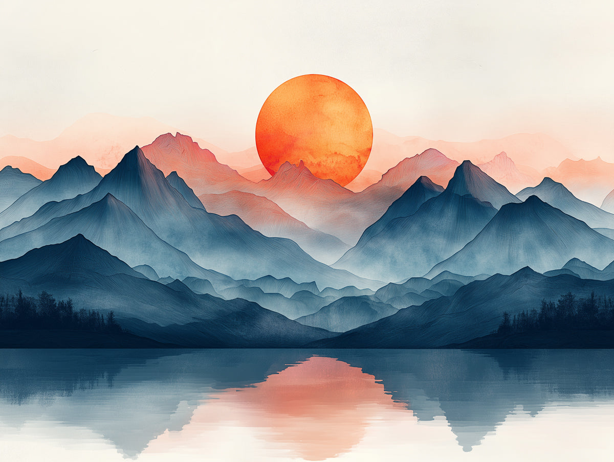 Mountain Sunset Mural Wallpaper for a Reading room | Orange, Red, Blue and Gray Sunset