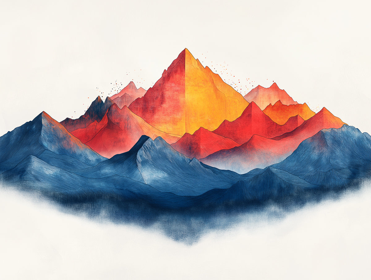 Mountain Sunset Mural Wallpaper for a living room | Orange, Red, Blue and Gray Sunset