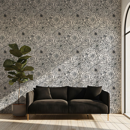 Monochrome Floral Intricate - Modern Wallpaper for Living Rooms