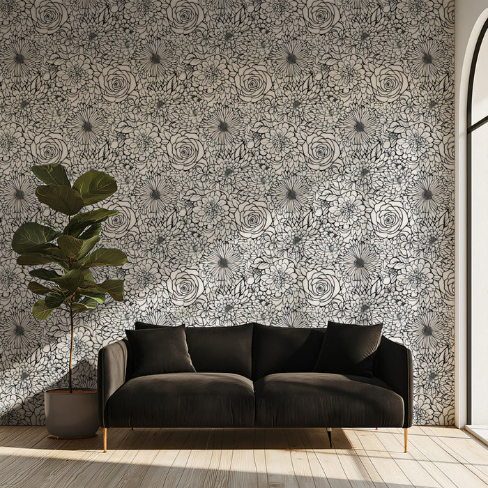 Monochrome Floral Intricate - Modern Wallpaper for Living Rooms
