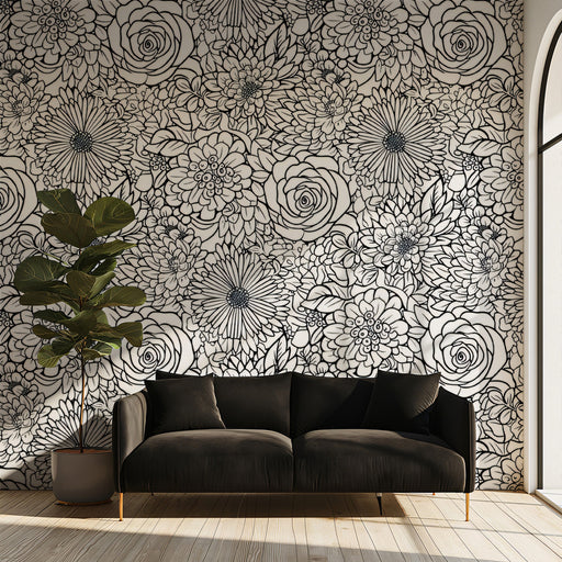 Monochrome Floral Intricate - Modern Wallpaper for Living Rooms