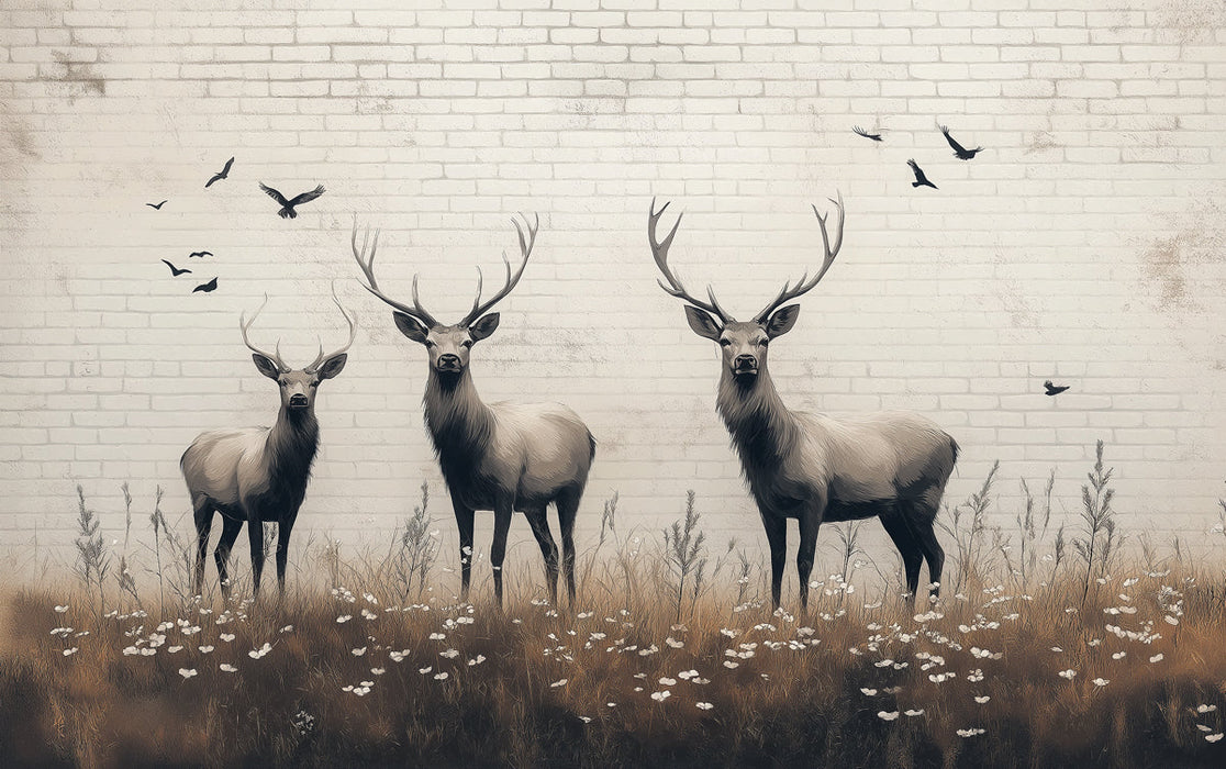 Mural de ciervos en el campo con pared de ladrillos | Ciervos beige marrón negro y blanco 