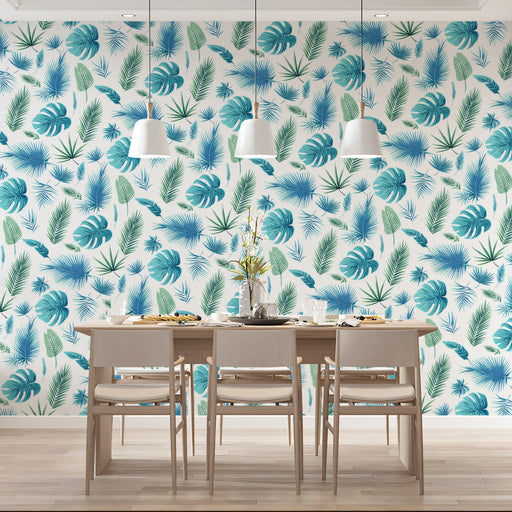 Tropical Blue - Green Leafy Pattern - Exotic Wallpaper for Dining Rooms