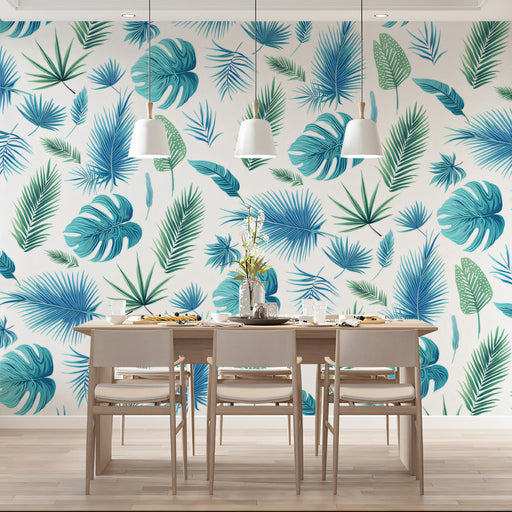 Tropical Blue - Green Leafy Pattern - Exotic Wallpaper for Dining Rooms