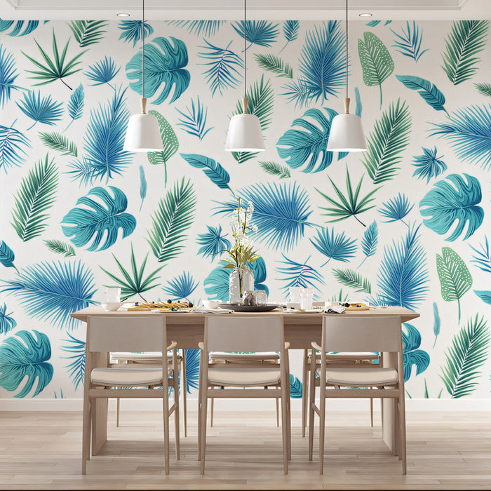 Tropical Blue - Green Leafy Pattern - Exotic Wallpaper for Dining Rooms