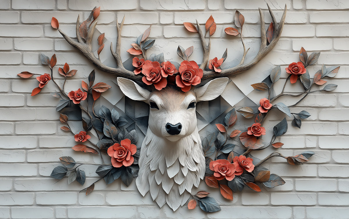 Carta da parati murale con testa di cervo e rose | Bianco grigio rosso e marrone cervo 