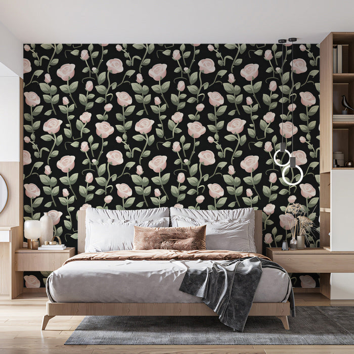 Black Background Pink Rose Pattern - Romantic Wallpaper for Bedrooms