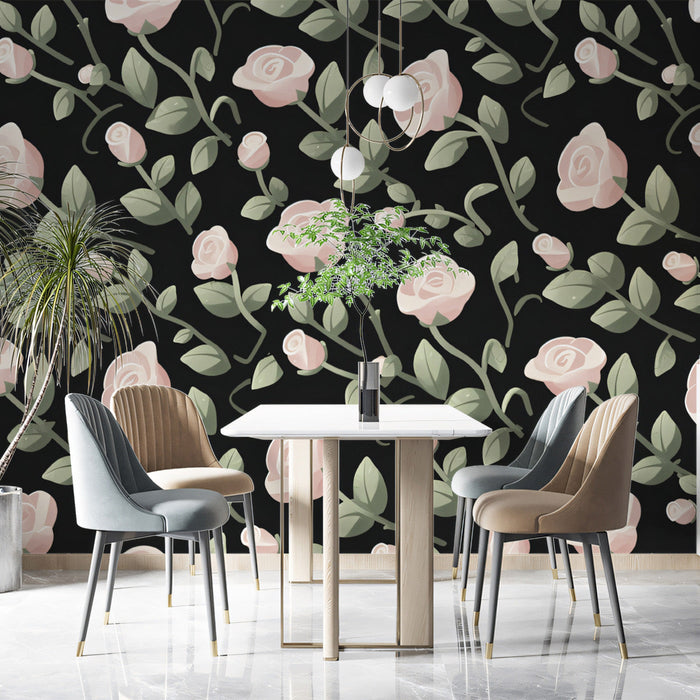 Black Background Pink Rose Pattern - Romantic Wallpaper for Bedrooms