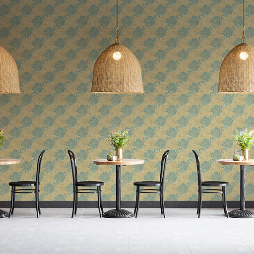 Olive Green & Blue Floral Medallion - Vintage Pattern Wallpaper for Cafes or Restaurants