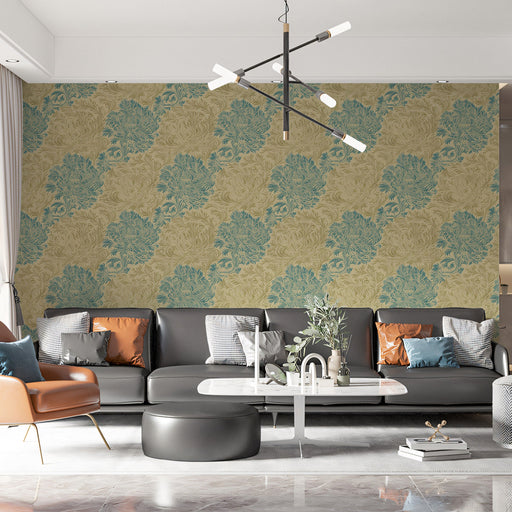 Olive Green & Blue Floral Medallion - Vintage Pattern Wallpaper for Cafes or Restaurants