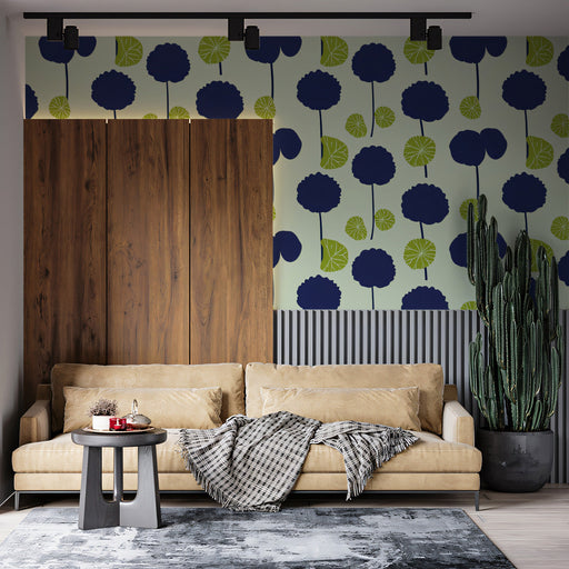 Blue & Green Floral Pattern - Contemporary Wallpaper for Living Rooms