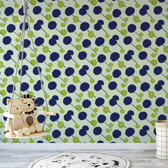 Blue & Green Floral Pattern - Contemporary Wallpaper for Living Rooms