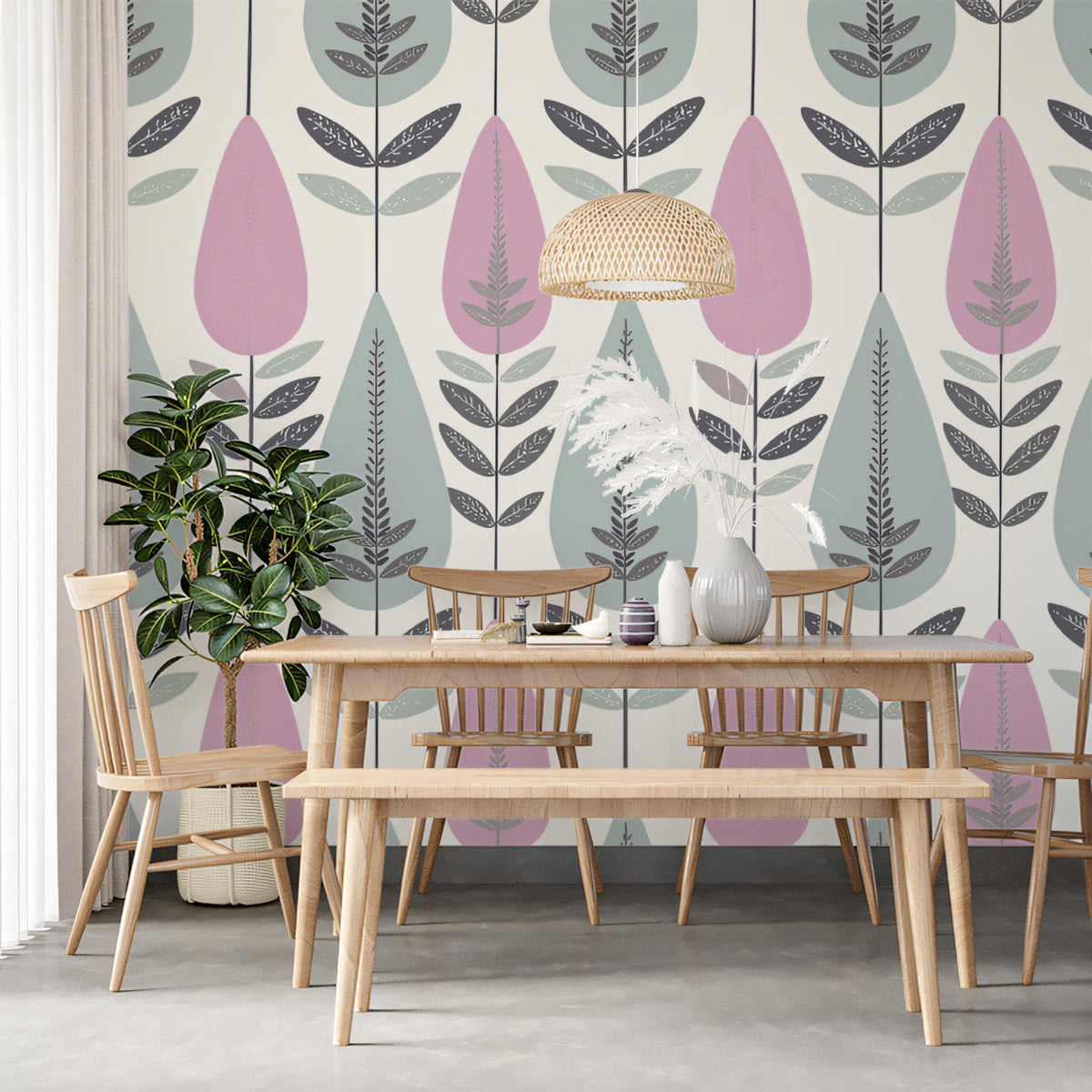Papier peint à motif bohémien Pastel Rose \u0026 Feuille Verte pour les sal —  Vivawalls Store, image size:1200x1200