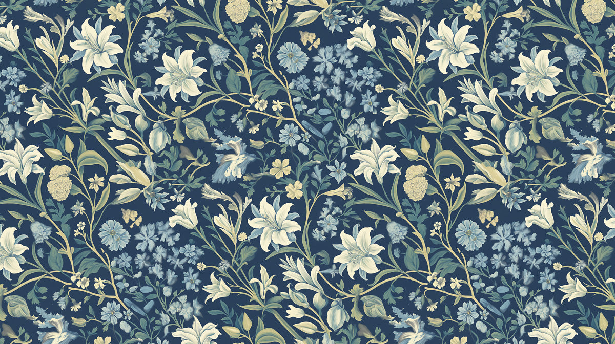 Navy Blue & Creamy Floral Pattern - Luxurious Wallpaper for Dining Rooms