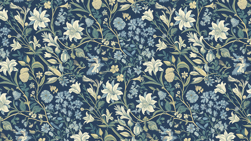 Navy Blue & Creamy Floral Pattern - Luxurious Wallpaper for Dining Rooms