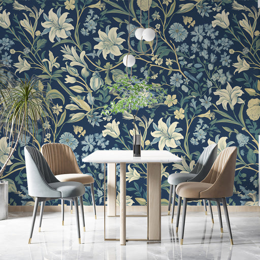 Navy Blue & Creamy Floral Pattern - Luxurious Wallpaper for Dining Rooms