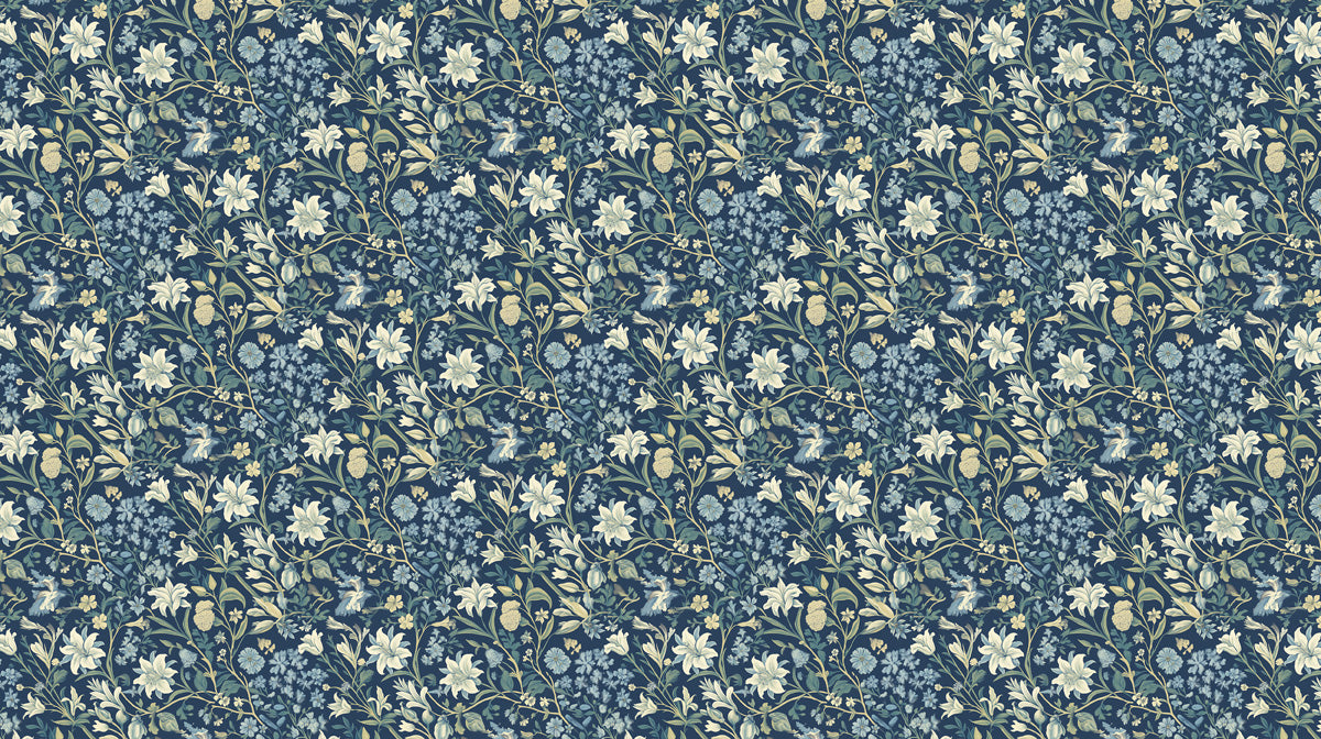 Navy Blue & Creamy Floral Pattern - Luxurious Wallpaper for Dining Rooms
