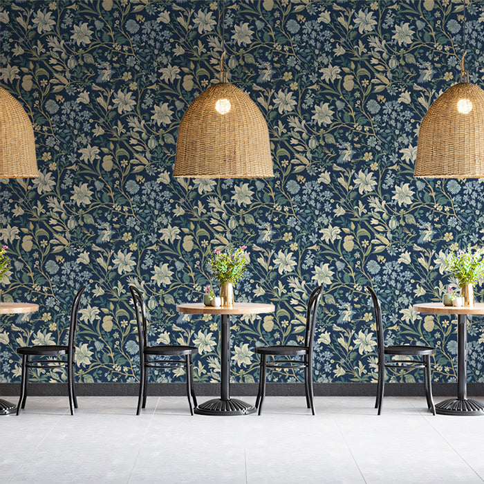 Navy Blue & Creamy Floral Pattern - Luxurious Wallpaper for Dining Rooms