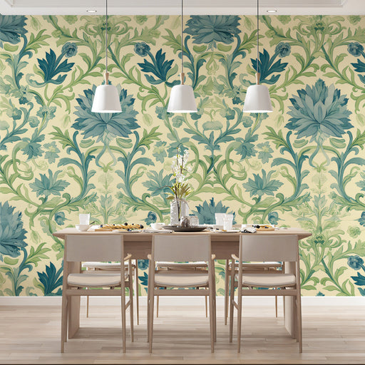 Cream & Turquoise Floral Pattern - Bohemian Wallpaper for Dining Rooms