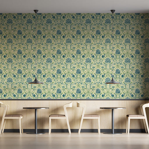 Cream & Turquoise Floral Pattern - Bohemian Wallpaper for Dining Rooms