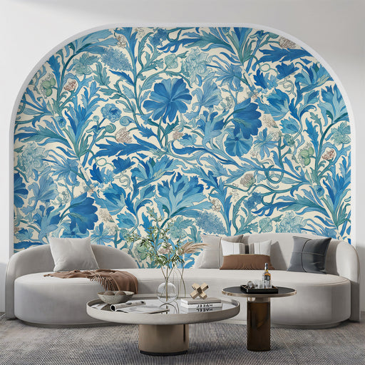 Blue & Cream Artistic - Floral Pattern Wallpaper for Living Rooms