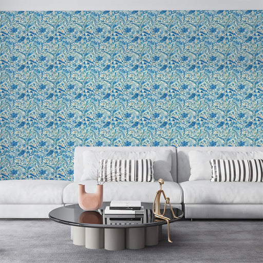 Blue & Cream Artistic - Floral Pattern Wallpaper for Living Rooms