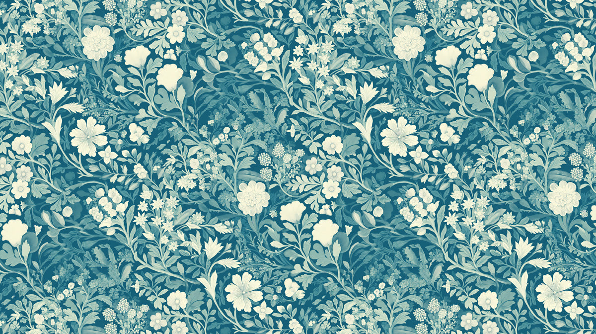 Teal & Ivory Dense - Floral Pattern Wallpaper for Dining Rooms