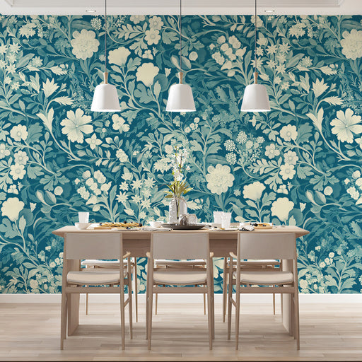 Teal & Ivory Dense - Floral Pattern Wallpaper for Dining Rooms