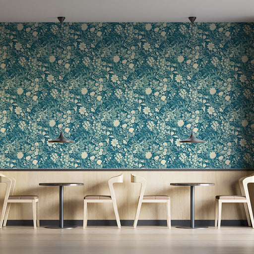 Teal & Ivory Dense - Floral Pattern Wallpaper for Dining Rooms