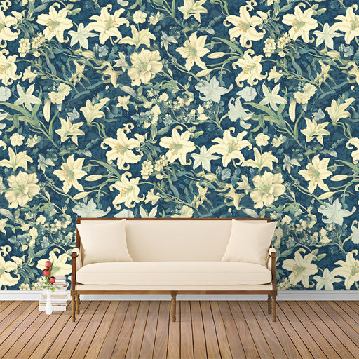 Navy Blue & Cream Lily Pattern - Luxurious Wallpaper for Living Rooms
