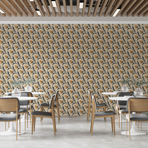 Beige & Blue Floral - Retro Wallpaper for Restaurants or Cafes