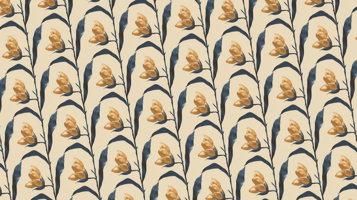 Beige & Blue Floral - Retro Wallpaper for Restaurants or Cafes