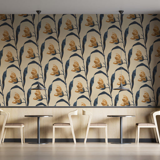 Beige & Blue Floral - Retro Wallpaper for Restaurants or Cafes