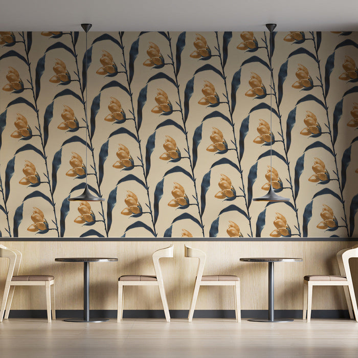 Beige & Blue Floral - Retro Wallpaper for Restaurants or Cafes