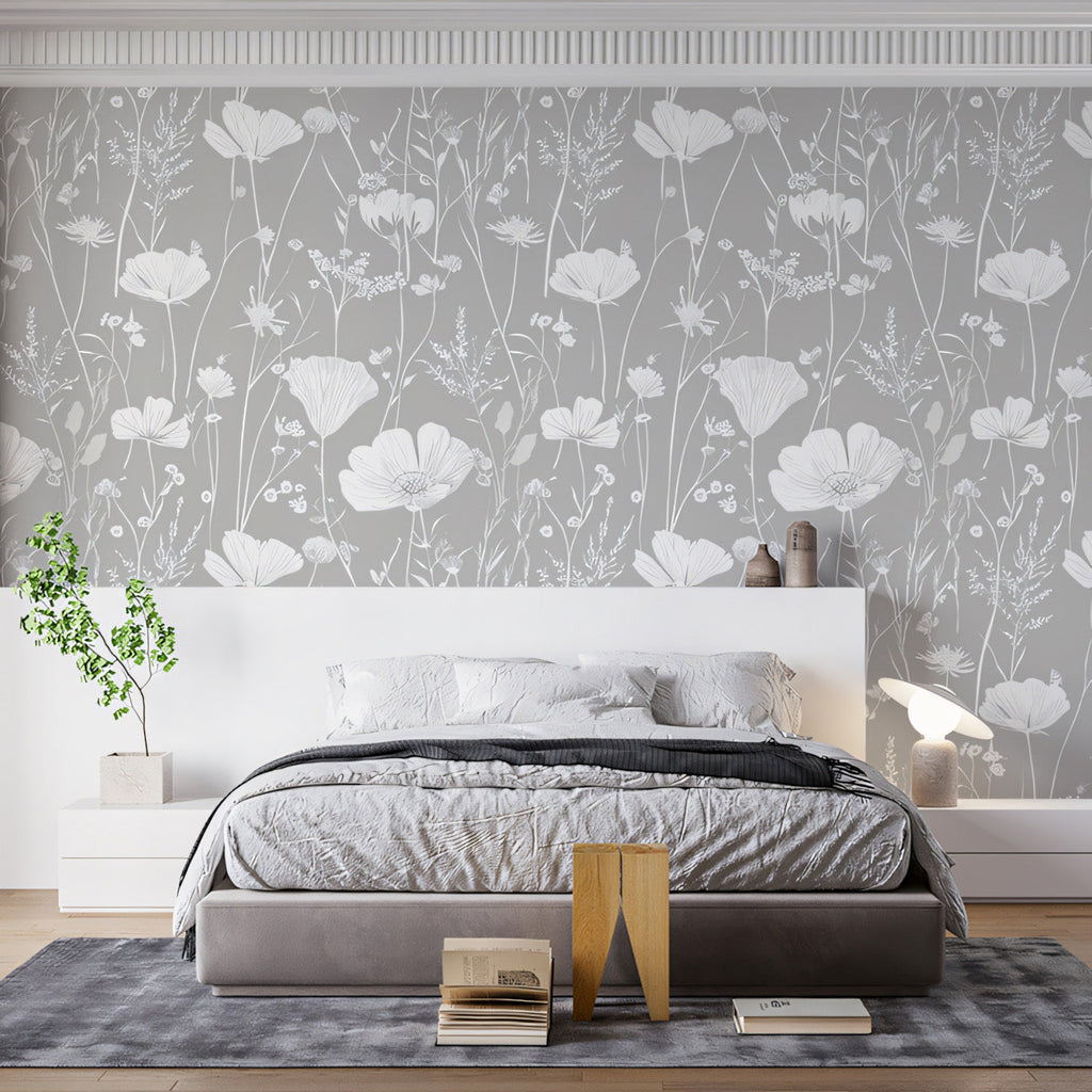 Grau-weißes Wildblumenmuster – Ruhige Tapete für Schlafzimmer — Vivawalls  Store, image size:1024x1024