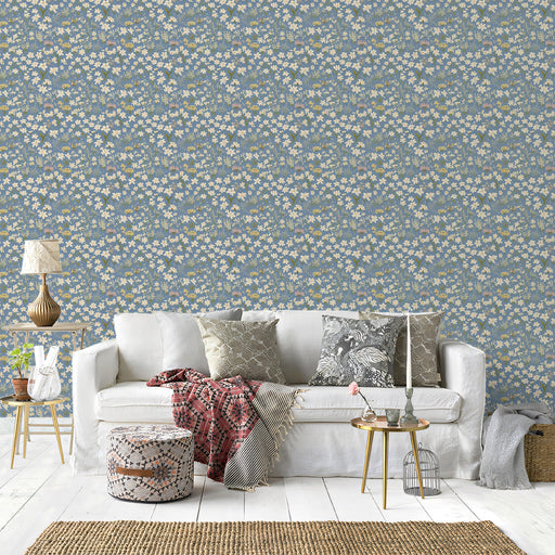 Light Blue & Yellow Ditsy - Floral Pattern Wallpaper for Living Rooms
