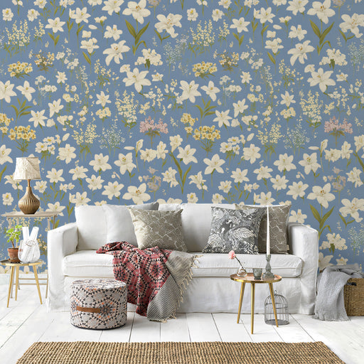 Light Blue & Yellow Ditsy - Floral Pattern Wallpaper for Living Rooms