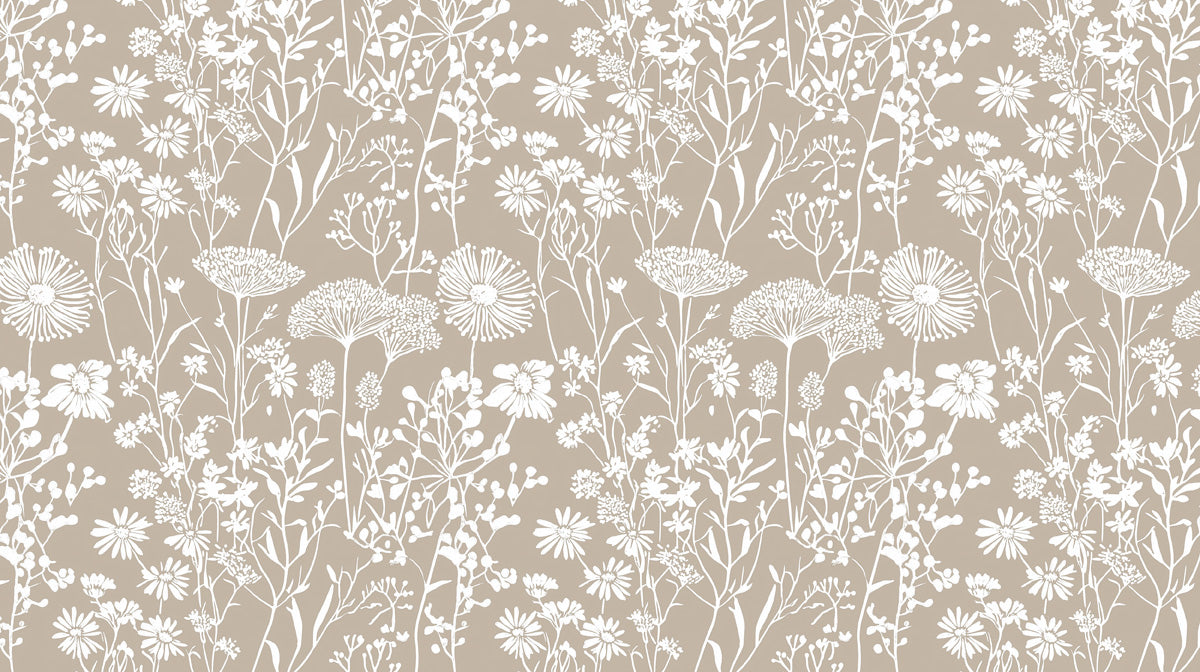 Taupe & White Botanical Pattern- Serene Wallpaper for Living Rooms