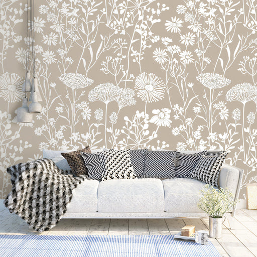 Taupe & White Botanical Pattern- Serene Wallpaper for Living Rooms