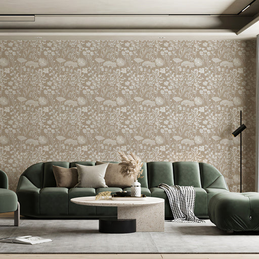 Taupe & White Botanical Pattern- Serene Wallpaper for Living Rooms