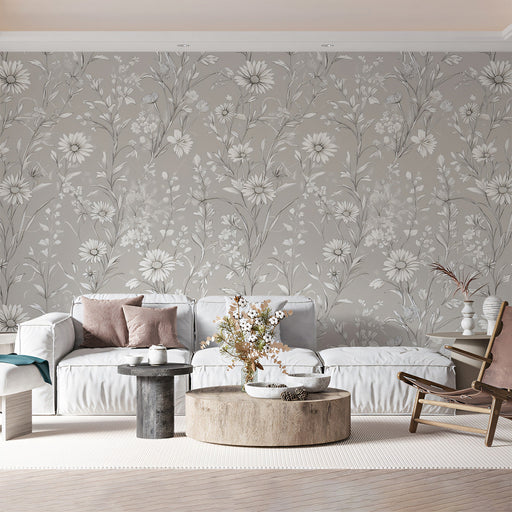 Light Gray & White Daisy Pattern - Subtle Wallpaper for Living Rooms