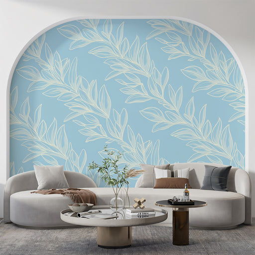 Light Blue & White Leaf Pattern- Coastal Wallpaper for Living Rooms