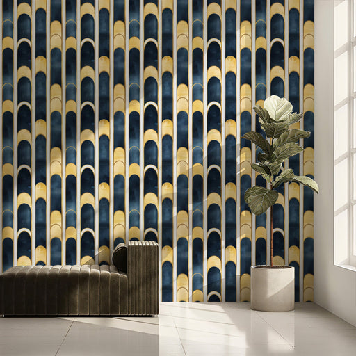 Golden Wave Arches Wallpaper ¨C Art Deco Mural with Deep Blue and Metallic Gold
